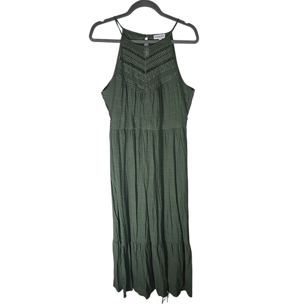 Luxology Halter Maxi Dress Olive Green A-lined Double Lined Womens Large